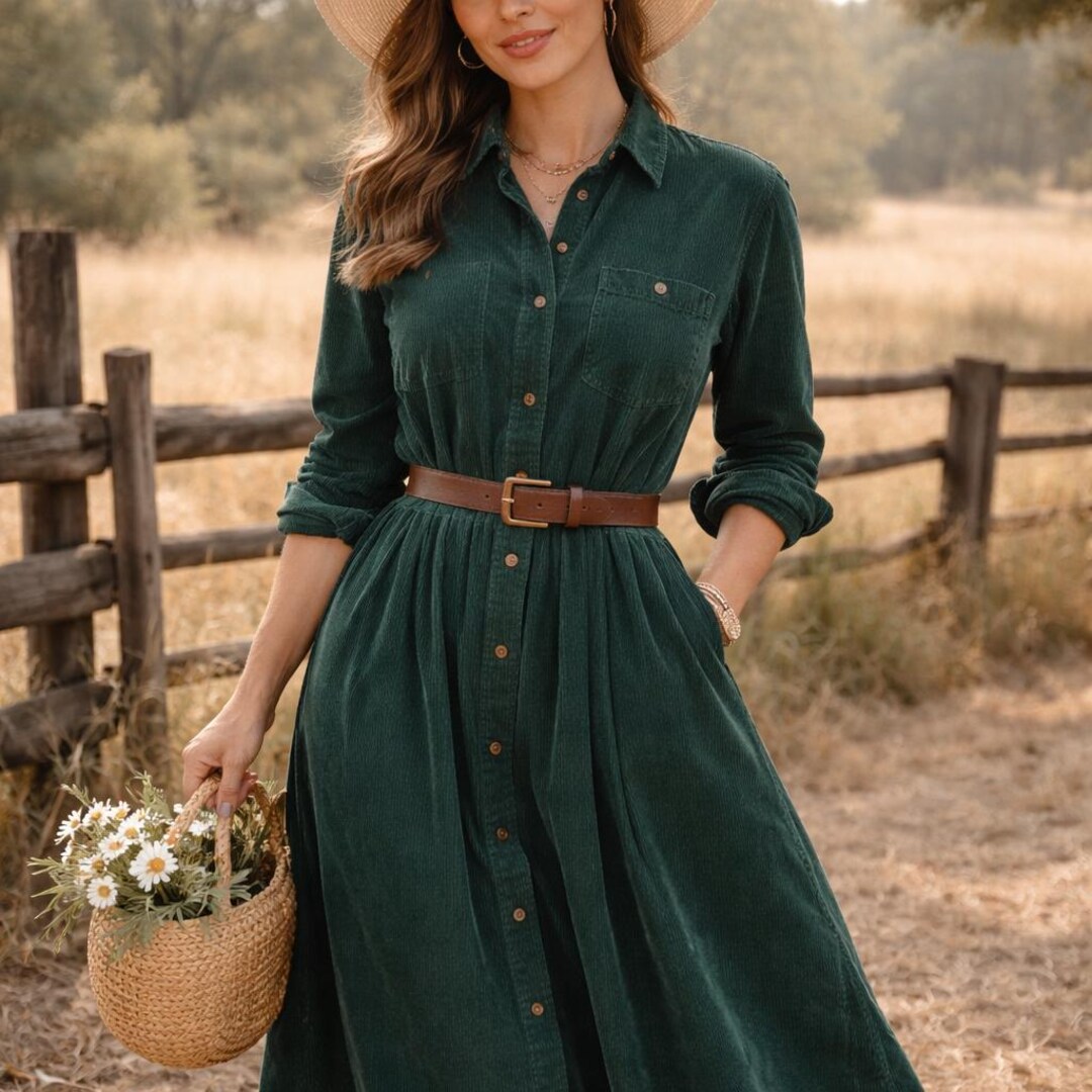 S Deep Forest Green Corduroy Dress Eddie Bauer 90s Vintage