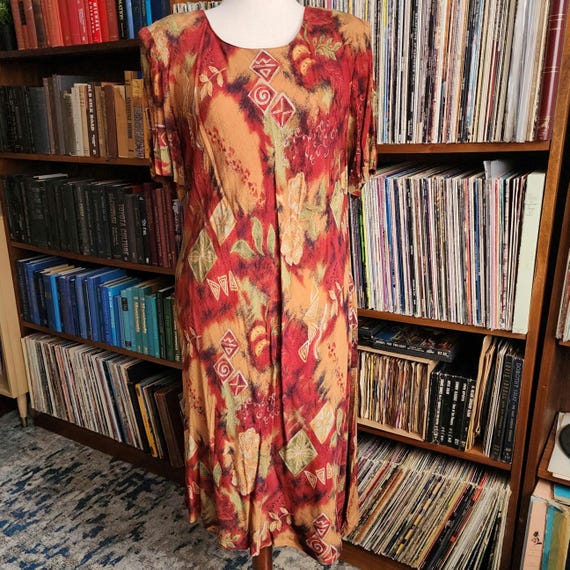 red dress 18w 18W Vintage Red and Orange Abstract Short Sleeve Mid Calf Dress by Special  Thyme Ltd, Original Shoulder Pads, Women's Size 18