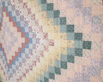 Handmade Rainbow Around the World Quilt | Artist Unknown | 84&quot; x 85&quot; Queen or Full Bed Quilt | Colorful Vintage Quilt