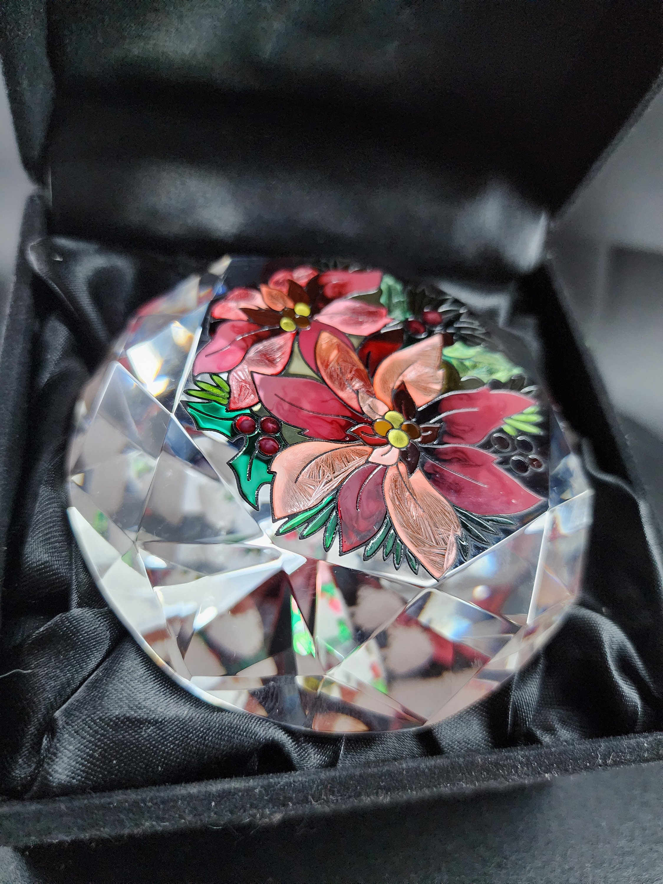 Amia Hand Painted Diamond Crystal with Red Poinsettia Flowers With Original Box | Amia 4" Glass Diamond Prism Faceted Paperweight or Decor