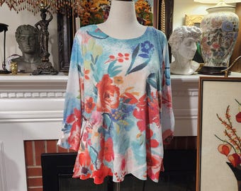 XL Abstract Floral Multicolored Ali Miles Long Sleeve Top with Blues Greens and Reds, Women's XL