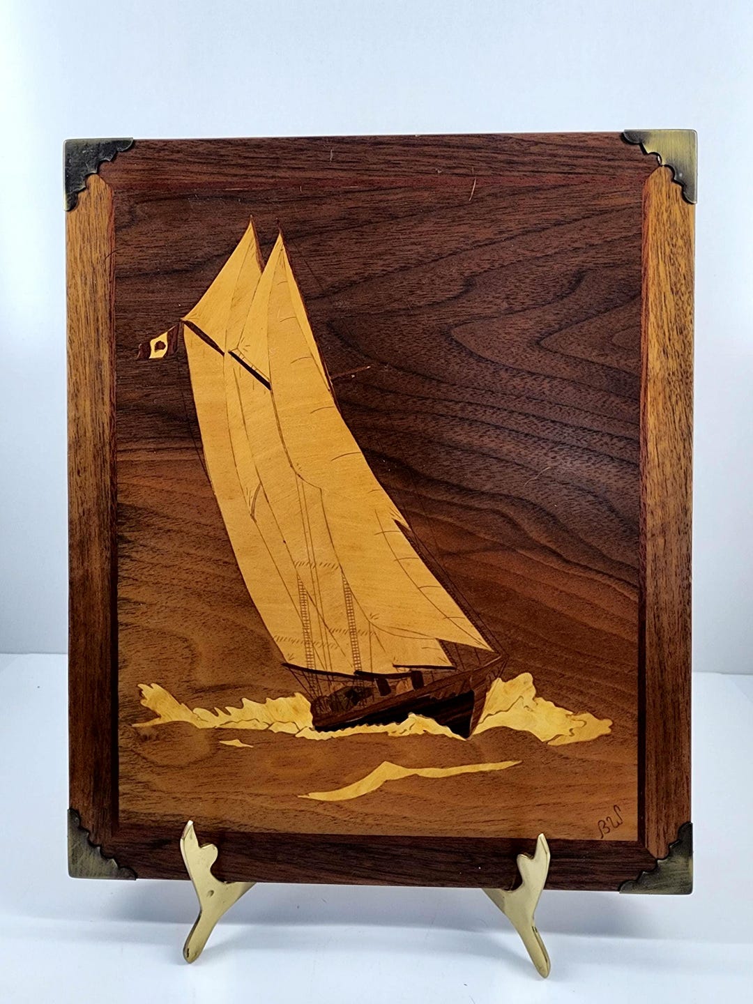 Ship Inlay Vintage Signed Wood Inlay Wall Art of Sailing Ship With Rare Brass ...