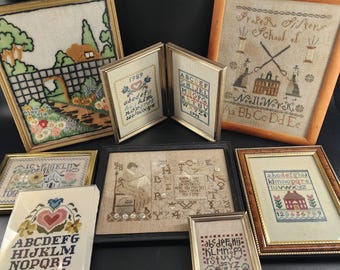 Choice of vintage framed cross stitch samplers or crewel home decor