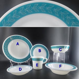 Vintage 1960s PYREX Tableware Turquoise Laurel Leaf Bluegrass Double Thick Sold Individually Kitchen Dishes Autumn Bands Blue