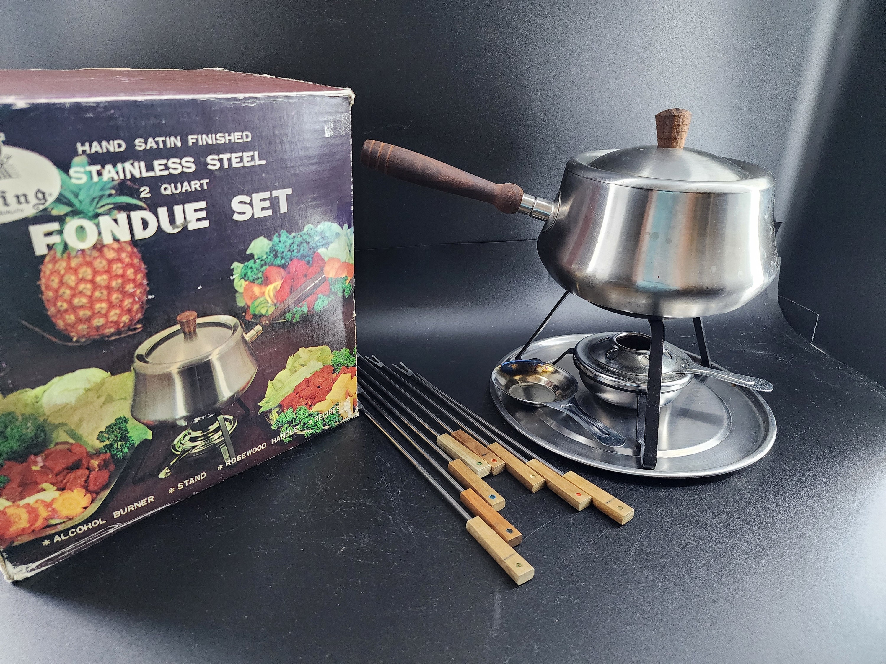 Vintage 1960s Viking Fondue Set | MCM Stainless Steel, Rosewood