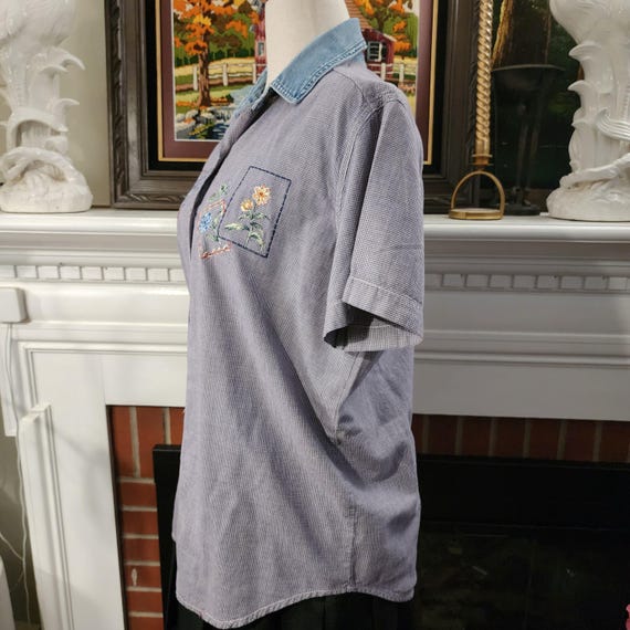 M Gingham Embroidered Button Up Collared Top by B… - image 5