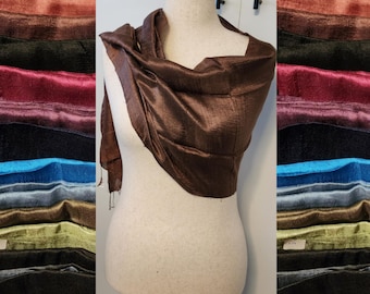 Silk scarfs with fringe, solid colors, 62" x 14" raw Thai silk scarf, elegant unisex handwoven silk, color options blue purple cream copper