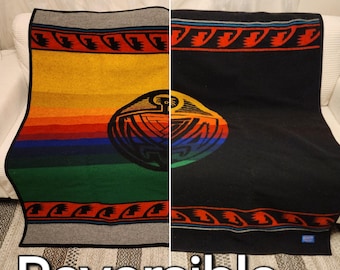 Vintage Pendleton REVERSIBLE Southwest Rainbow and Bird Theme Wool Blanket • 60” x 60” • Pendleton Wool Throw Blanket  • Colorful Rainbow