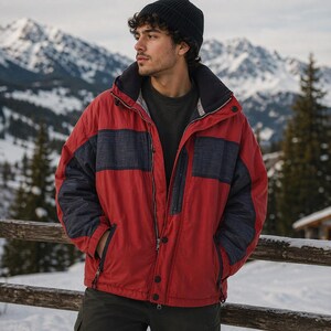 May include: A red and navy blue winter jacket with a black beanie. The jacket has a zip-up front, a high collar, and two front pockets. The background features snow-covered mountains and a wooden fence.