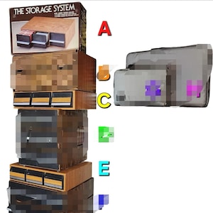 May include: Wooden storage system for audio tapes. The box has three pull-out drawers with black fronts. The box is made of wood and has a box with the text "THE STORAGE SYSTEM" on top.