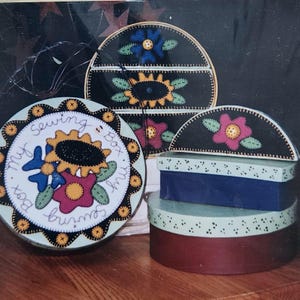 Unique quilting, embroidery, and painting project kit by Starry Pines Pattern Co: 41 penny rug sewing box with bee button included ©2002