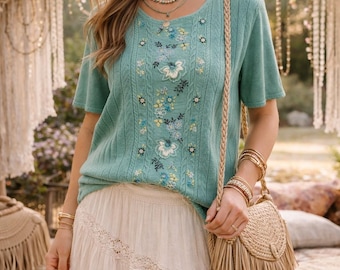 L / Top de manga corta verde espuma de mar con bordado floral y adornos, estilo vintage de abuela, talla grande para mujer