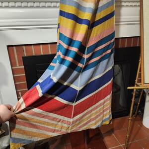 Puede incluir: Un vestido largo a rayas multicolores con un dise&ntilde;o en zigzag. El vestido presenta tonos de rojo, azul, amarillo y rosa. Est&aacute; hecho de un material ligero y se muestra en un maniqu&iacute;.