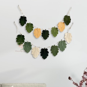 Green Leaf Macrame Wall Hanging, Boho Green Leaves Feather, Monstera Leaf Wall Decor, Botanical Leaves, Green Wall Art, Leaf Wall Hanging