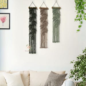 Minimal Narrow Macrame Wall Hanging, Vertical Long Yarn Leaf Art, Vines Wall Art, Botanical Wall Decor, Bohemian Decor, Geometric Tapestry