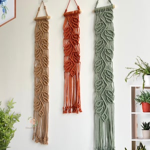 Vertical Long Yarn Leaf Art, Minimal Narrow Macrame Wall Hanging, Geometric Tapestry, Vines Wall Art, Botanical Wall Decor, Boho Home Decor