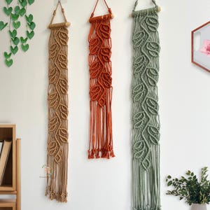 Macrame Long Yarn Leaf Wall Hanging, Minimal Vertical Narrow Art, Botanical Wall Decor, Vertical Vines Wall Art, Housewarming Gift For Mom