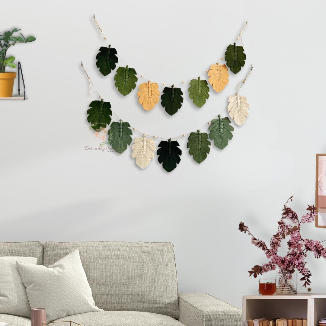 Green Leaf Macrame Wall Hanging, Boho Green Leaves Feather, Monstera ...