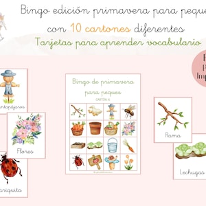 Bingo di primavera per bambini – Gioco educativo stampabile – Vocabolario spagnolo per la scuola domestica o in classe