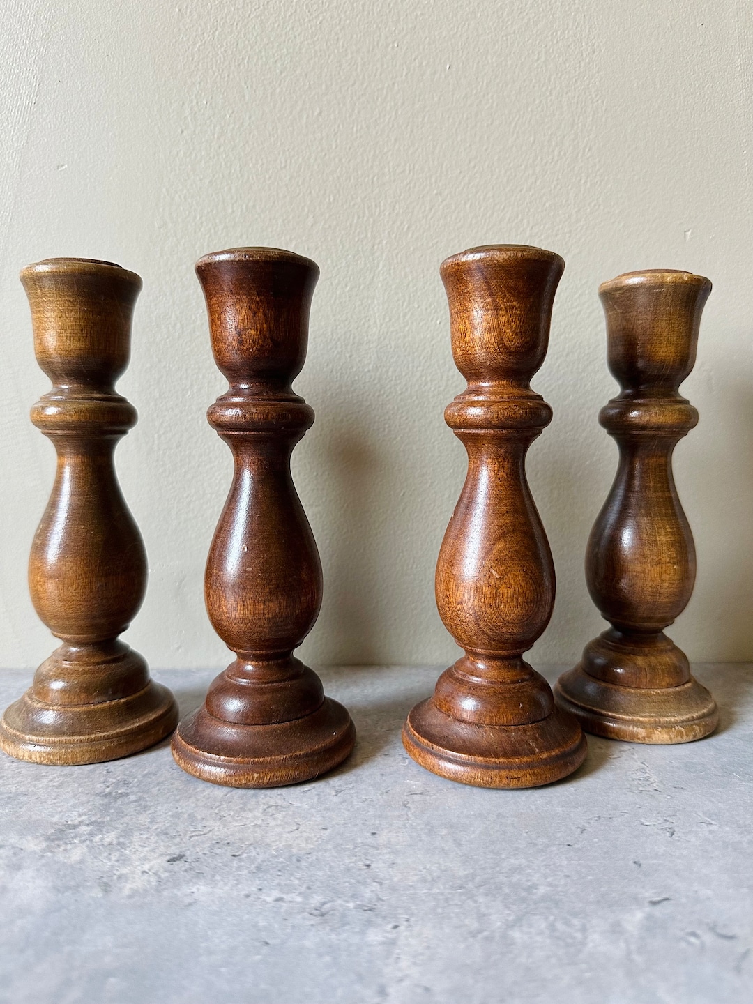 Turned Wood Candlestick Holders Set of Four Vintage Taper Candle ...
