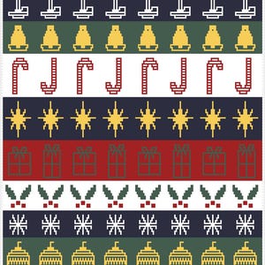 May include: A rectangular fabric panel featuring ten horizontal rows of pixelated holiday icons. The pattern includes green wreaths, white candles, yellow bells, red candy canes, yellow stars, green gift boxes, holly leaves, white snowflakes, yellow ornaments, and green pine trees.