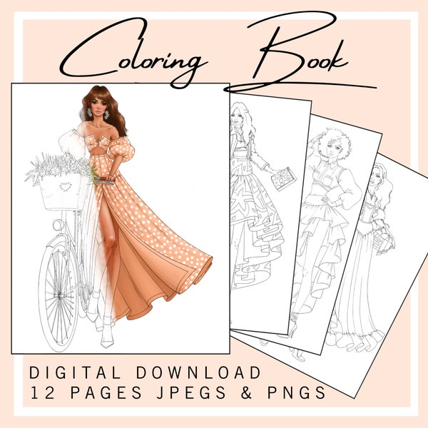 Digital Coloring Book, Coloring Book, Coloring Art Book, Fashion Illustration, Fashion Coloring Book, Digital Art Book, Fashion Art,