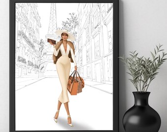 May include: A woman in a white dress and hat walks down a street in Paris, France. She is carrying a brown and white handbag and a white clutch. The Eiffel Tower is in the background.