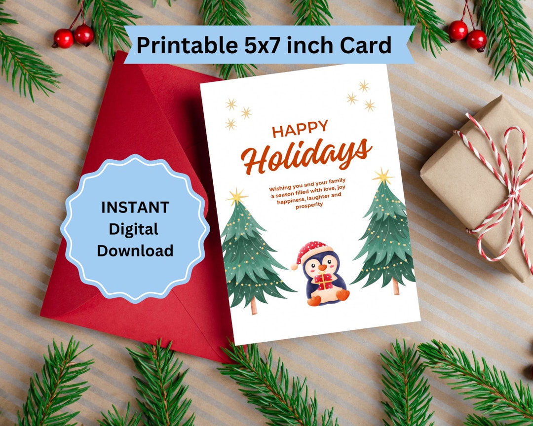 Happy Holidays Penguin Digital 5x7 Printable Card - Etsy