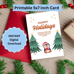 Tarjeta imprimible Happy Holidays Penguin Digital 5x7