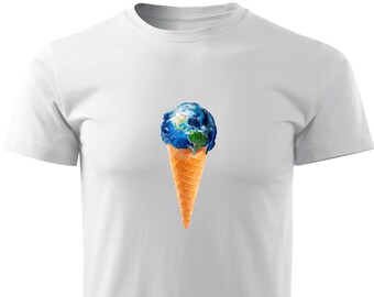 Vit Unisex Storlek: L T-shirt med tryck - Melting Earth - Ny design. Premiummaterial, 100% slitstark kraftig bomull - Inktys