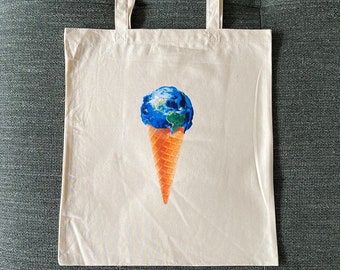 Shopperväska / Axelväska med Melting Earth-tryck - Premiummaterial, Enkelvävd 100 % slitstark kraftig bomull Med liten ficka - Inktys