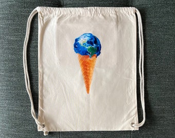 Beige gymväska / gympåse med tryck "Melting Earth" - Premiummaterial, Slätvävd 100 % slitstark kraftig bomull Med liten ficka - Inktys