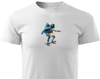 Vit Storlek: L Unisex T-shirt med tryck - Skatonaut - skateboardåkande astronaut - Ny design. Premiummaterial, 100 % slitstark bomull - Inktys