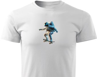 Vit skjorta Storlek: M - Unisex T-shirt med tryck - Skatonaut - skateboardåkande astronaut - Ny design. Premiummaterial, 100 % slitstark bomull