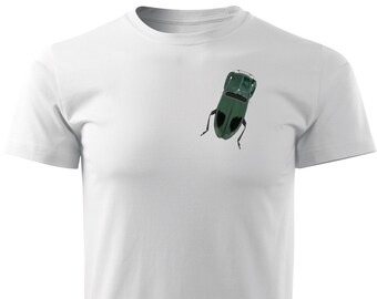 Vit skjorta Storlek: M - Unisex T-shirt med tryck - The Real Beetle - Ny design. Premiummaterial, 100% slitstark bomull - Inktys