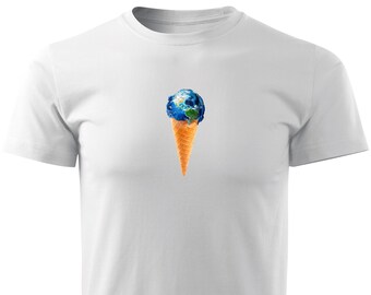 Vit skjorta Storlek: M - Unisex T-shirt med tryck - Melting Earth - Ny design. Premiummaterial, 100% slitstark kraftig bomull - Inktys