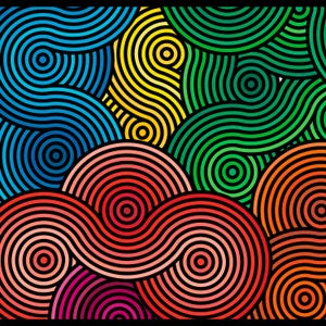 Op de afbeelding: Een levendig grafisch patroon met concentrische cirkels en vloeiende, onderling verbonden golvende lijnen. Het ontwerp maakt gebruik van een gedurfd kleurenpalet van blauw, geel, groen, rood, oranje en magenta, gescheiden door zwarte lijnen.