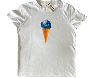 Vit unisex storlek: 122 - 6-årig barn-T-shirt med tryck - Melting Earth - Ny design. Premiummaterial, 100 % slitstark kraftig bomull - Inktys