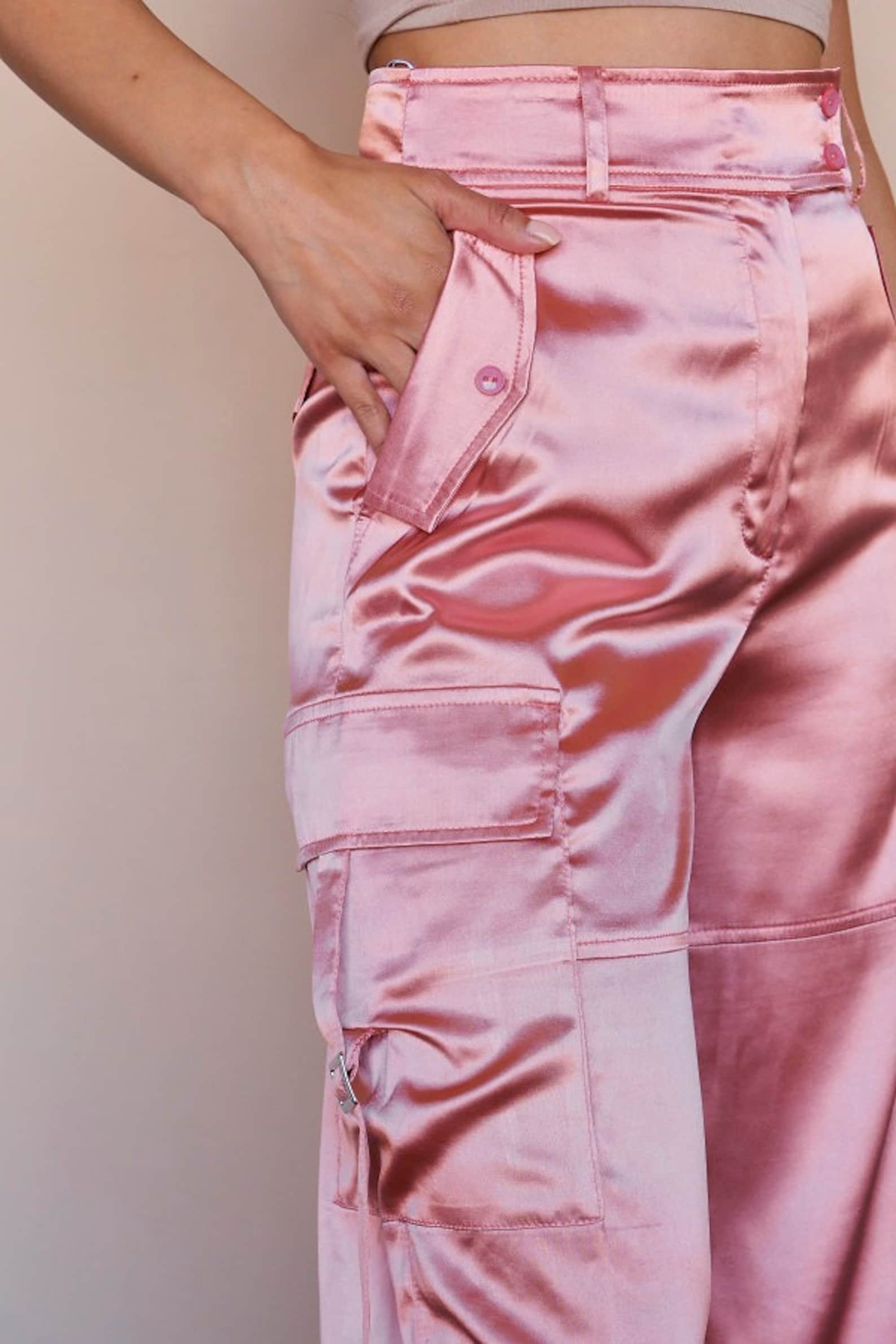 Stretchy Satin Cargo Pants Pink