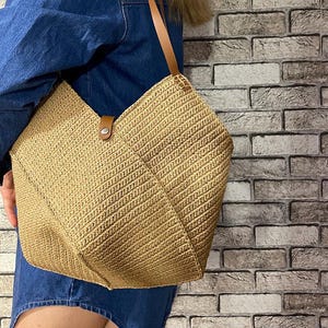 Handmade Straw Crochet Tote Bag with Faux Leather Handles – Summer Beach Bag, Large Capacity Shoulder Bag, Boho Style
