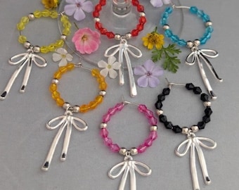 Bow with colorful beads, wine glass charms/glass markers - set of 6, party, wedding, gifts, cocktail glass decoration