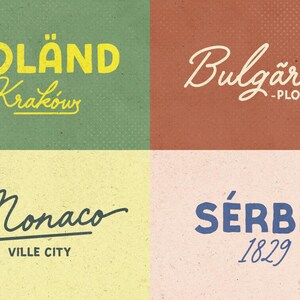 Peut inclure: Composition graphique avec les noms de quatre pays : Pologne, Bulgarie, Monaco et Serbie. Chaque nom est &eacute;crit dans un style de police diff&eacute;rent sur un fond textur&eacute; de couleurs vari&eacute;es, dont le vert, le marron, le jaune et le rose. Comprend les noms de villes et l'ann&eacute;e 1829.