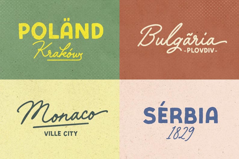 Peut inclure: Composition graphique avec les noms de quatre pays : Pologne, Bulgarie, Monaco et Serbie. Chaque nom est &eacute;crit dans un style de police diff&eacute;rent sur un fond textur&eacute; de couleurs vari&eacute;es, dont le vert, le marron, le jaune et le rose. Comprend les noms de villes et l'ann&eacute;e 1829.