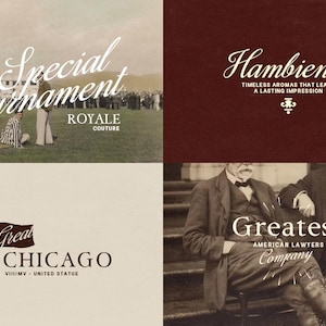 May include: A collage of vintage-style advertisements. The top left features "Special Tournament Royale Couture" over a sepia-toned sports scene. The top right shows "Hambience" with text. The bottom left reads "Great Chicago". The bottom right says "Greatest American Lawyers Company".