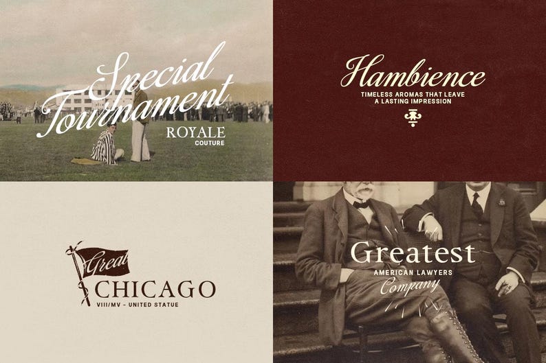 May include: A collage of vintage-style advertisements. The top left features "Special Tournament Royale Couture" over a sepia-toned sports scene. The top right shows "Hambience" with text. The bottom left reads "Great Chicago". The bottom right says "Greatest American Lawyers Company".