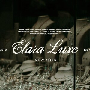 May include: A jewelry store display featuring necklaces, bracelets, and earrings on mannequins. The store's name, "Elara Luxe," is displayed in elegant script, with "New York" below. The year "1997" is also visible.