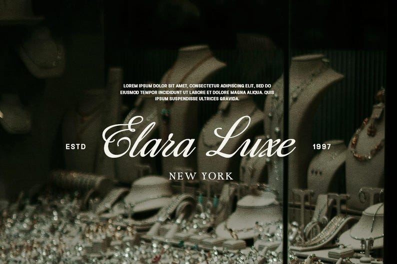 May include: A jewelry store display featuring necklaces, bracelets, and earrings on mannequins. The store's name, "Elara Luxe," is displayed in elegant script, with "New York" below. The year "1997" is also visible.