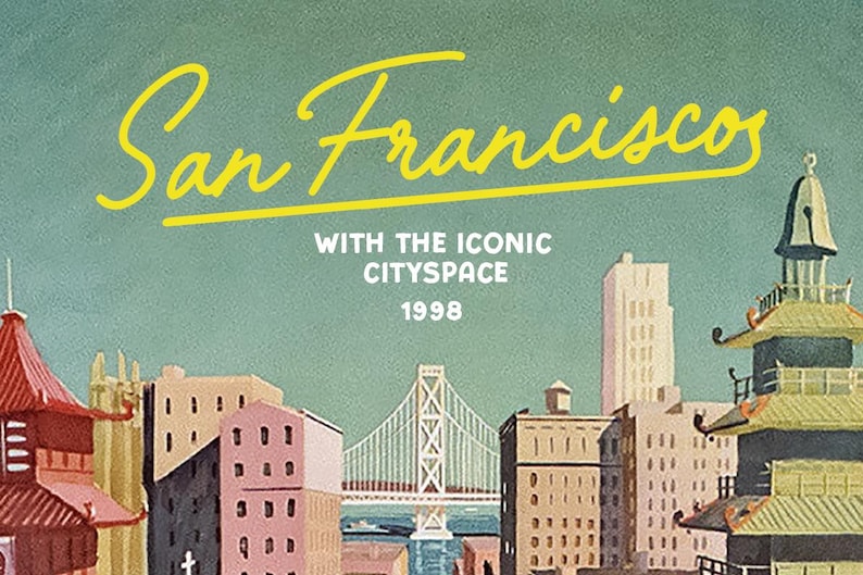 Peut inclure: Une affiche de style vintage avec le texte "San Francisco" en &eacute;criture jaune. L'image pr&eacute;sente des monuments embl&eacute;matiques de la ville, dont le Golden Gate Bridge et divers b&acirc;timents, sur un fond turquoise. Le texte "WITH THE ICONIC CITYSPACE 1998" est &eacute;galement pr&eacute;sent.