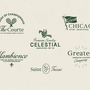 May include: A collection of dark green logos on a cream background. Logos include text such as "The Courte", "Celestial", "Hambience", "Chicago", "Greatest", and "Saint Tresse". Some logos feature illustrations like tennis rackets, a bird, and a flag.