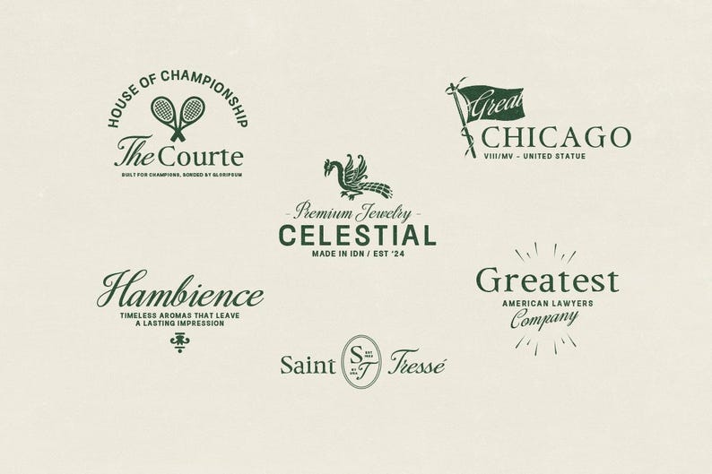 May include: A collection of dark green logos on a cream background. Logos include text such as "The Courte", "Celestial", "Hambience", "Chicago", "Greatest", and "Saint Tresse". Some logos feature illustrations like tennis rackets, a bird, and a flag.